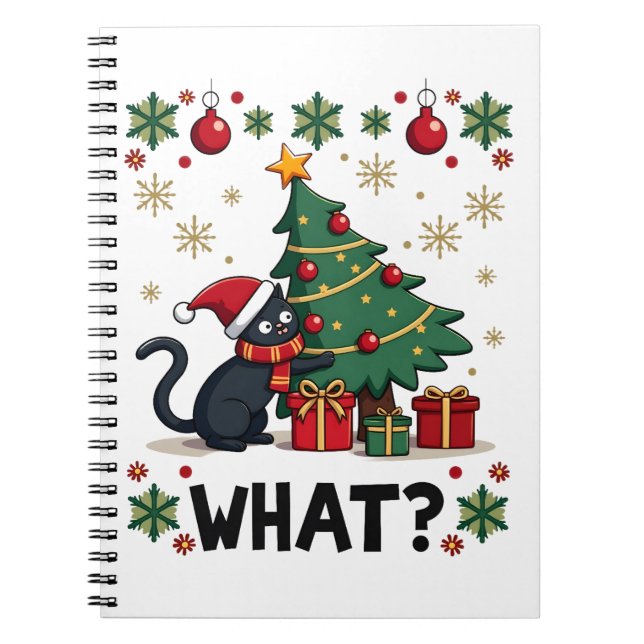 Cat What Funny Black Cat Pushing Christmas Tree Ug Notebook (Front)