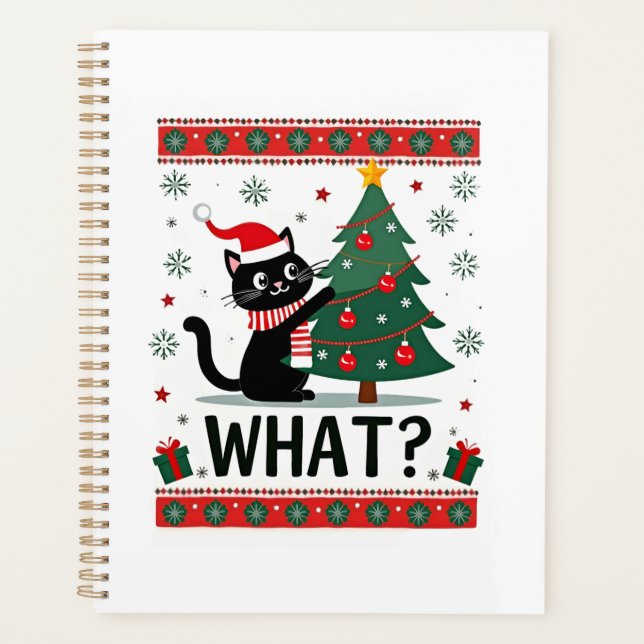 Cat What Funny Black Cat Pushing Christmas Tree Ug Planner (Front)
