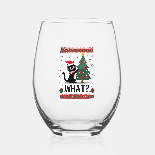 Cat What Funny Black Cat Pushing Christmas Tree Ug Stemless Wine Glass (Front)