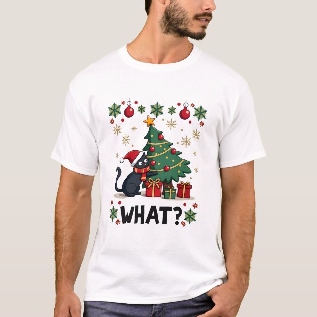 Cat What Funny Black Cat Pushing Christmas Tree Ug T-Shirt (Front)