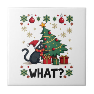 Cat What Funny Black Cat Pushing Christmas Tree Ug Tile