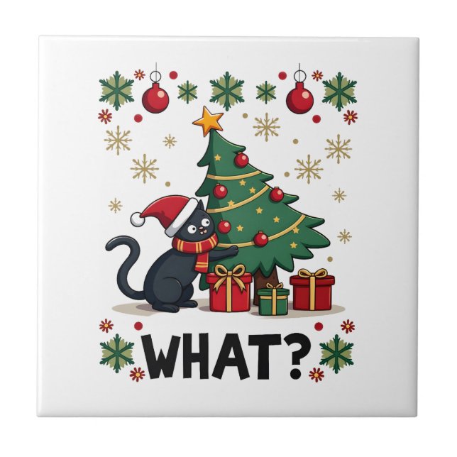 Cat What Funny Black Cat Pushing Christmas Tree Ug Tile (Front)