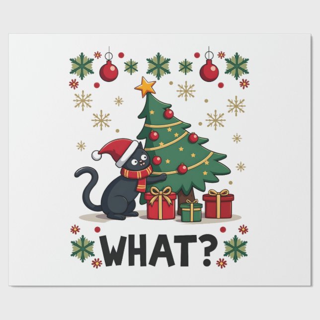 Cat What Funny Black Cat Pushing Christmas Tree Ug Wrapping Paper (Flat)