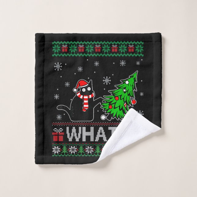 Cat What Funny Black Cat Pushing Christmas Tree Wash Cloth (Wash Cloth)