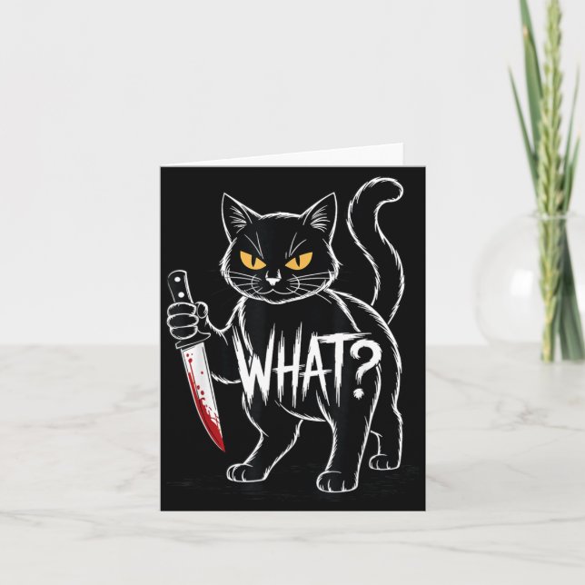 Cat What_ Funny Black Cat With Knife Halloween Card (Front)