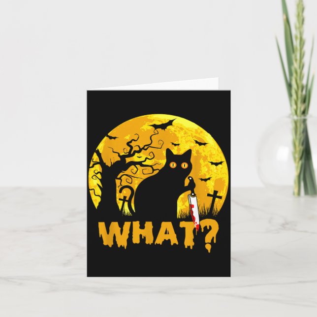 Cat What_ Halloween Black Cat With Knife - Funny Card (Front)