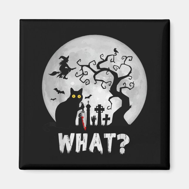 Cat What_ Halloween Black Cat With Knife - Funny Magnet (Front)
