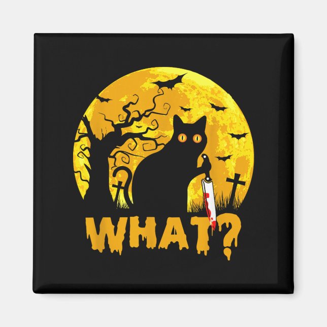 Cat What_ Halloween Black Cat With Knife - Funny Magnet (Front)