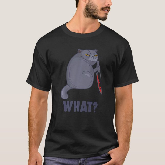 Cat What  Halloween Party murderous cat with knife T-Shirt (Front)