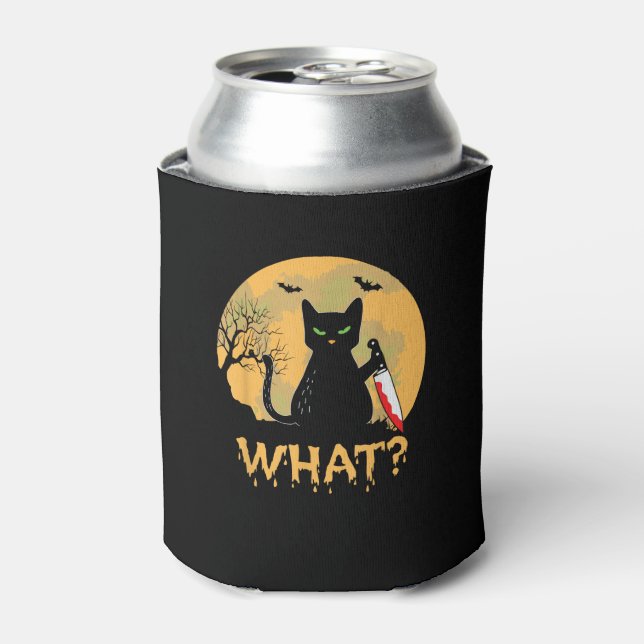 CAT WHAT_ Murderous Black Cat with Knife Halloween Can Cooler (Can Front)