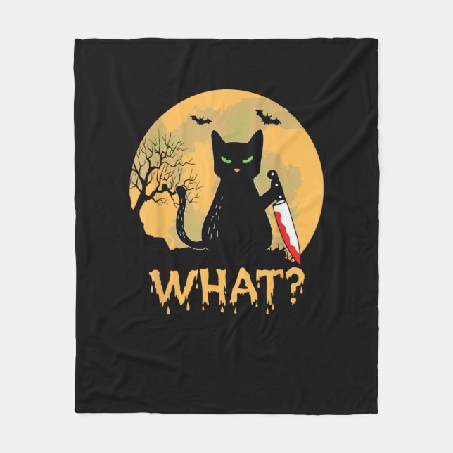 CAT WHAT_ Murderous Black Cat with Knife Halloween Fleece Blanket (Front)