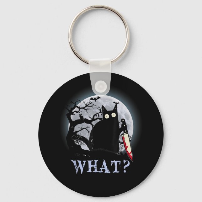 Cat What Murderous Black Cat With Knife Halloween Key Ring (Front)