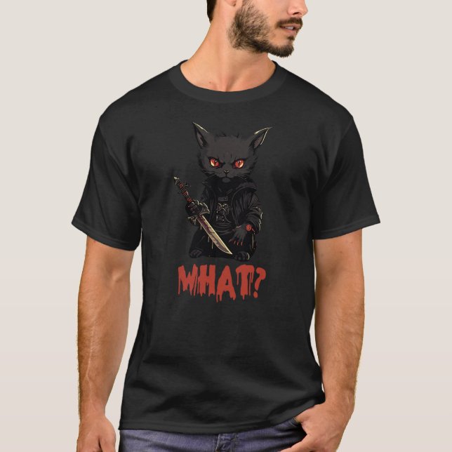 Cat What Murderous Black Cat With Knife Halloween  T-Shirt (Front)