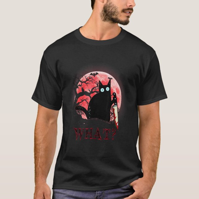Cat What Murderous Black Cat With Knife Halloween  T-Shirt (Front)