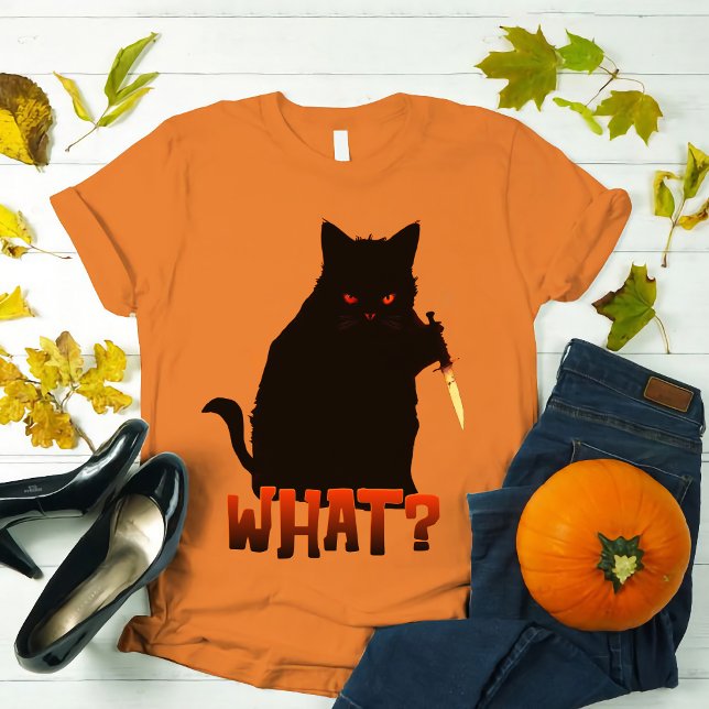 Cat What? Murderous Black Cat With Knife Halloween T-Shirt (Creator Uploaded)