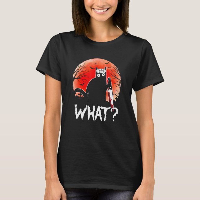 Cat What Murderous Black Cat With Knife Halloween  T-Shirt (Front)
