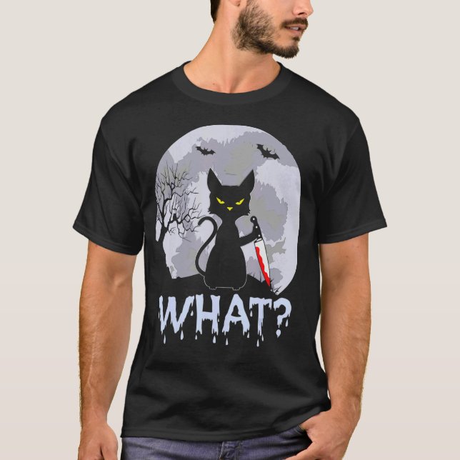 Cat What Murderous Black Cat With Knife Halloween  T-Shirt (Front)