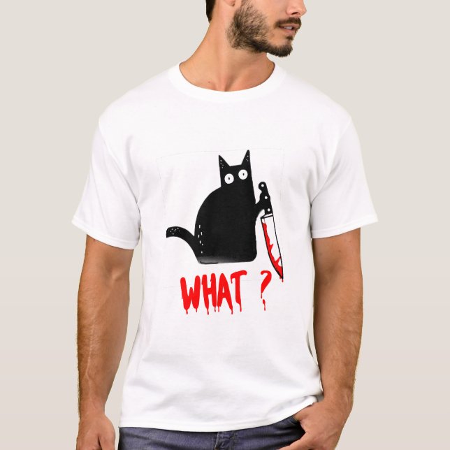 Cat What? Murderous Black Cat With Knife t-shirt (Front)