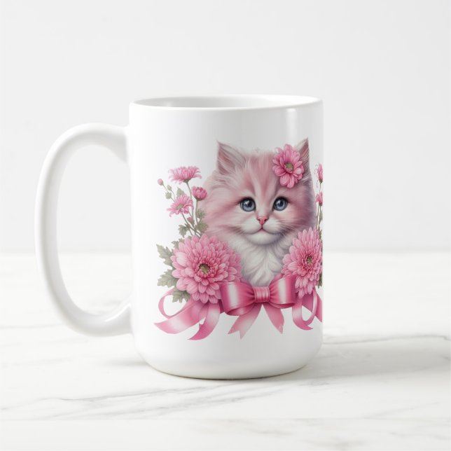 Cat Whit Pink Ribbon Coffee Mug (Left)