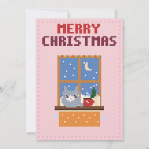 Cat Window Pink Pixel Art Christmas Card