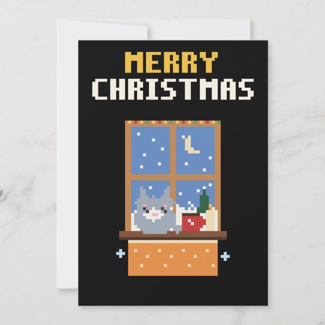 Cat Window Pixel Art Christmas Card (Front)