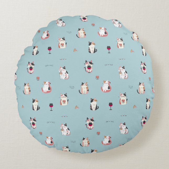 Cat & Wine Round Pillow: Fun and Quirky Design Round Cushion (Front)