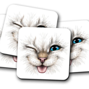 Cat Wink Blue Eye Coaster Cat Cork Coaster Set