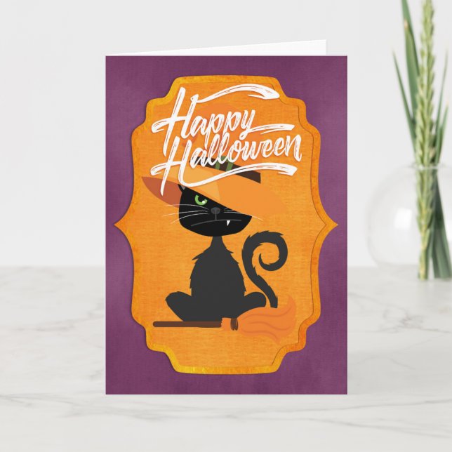 Cat Witch Happy Halloween Card (Front)