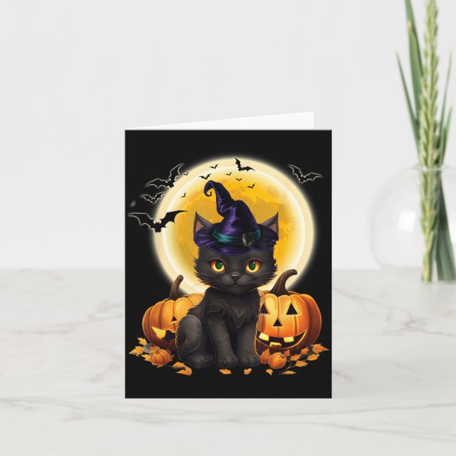 Cat Witch Hat Pumpkin Moon Black Cat Funny Card (Front)