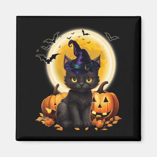 Cat Witch Hat Pumpkin Moon Black Cat Funny Magnet (Front)