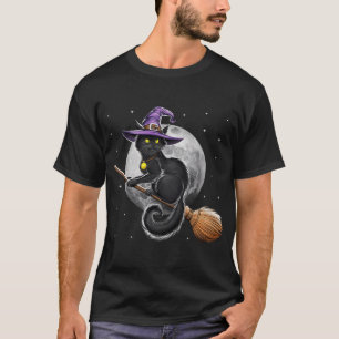 Cat Witch Riding Broom T-Shirt