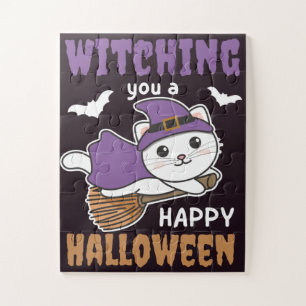 Cat Witch Witches Witching You A Happy Halloween J Jigsaw Puzzle