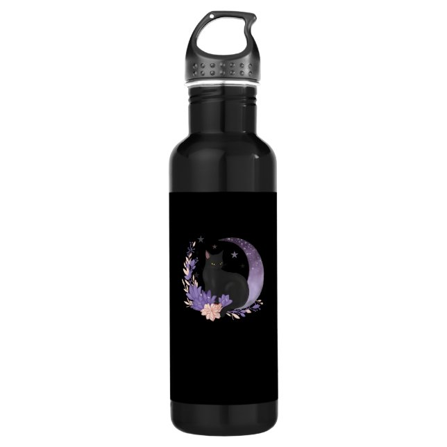 Cat Witchy Moon Flowers Pastel Goth Goblincore 710 Ml Water Bottle (Front)