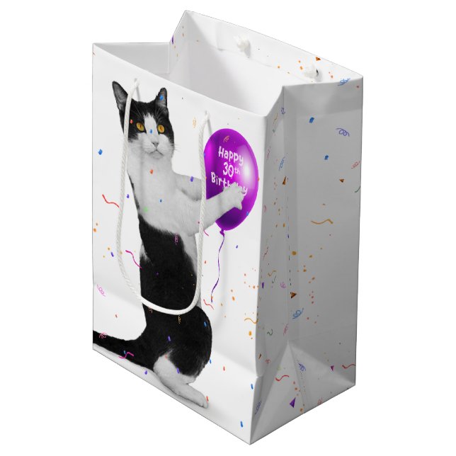 Cat with 30th Birthday Balloon Medium Gift Bag (Front Angled)