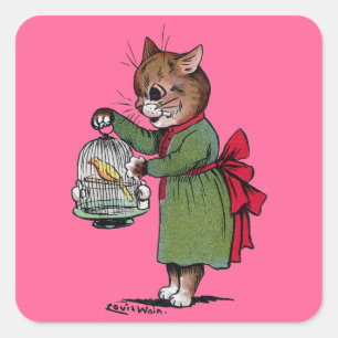 Cat with a Bird cage, Louis Wain Square Sticker
