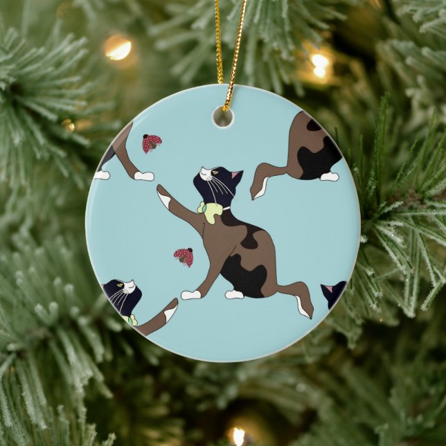 Cat with a bow catches a ladybug. ceramic tree decoration (Tree)