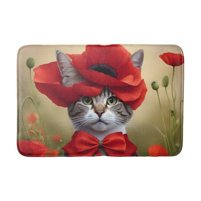 Cat with a dress made of a poppy bath mat (Front)