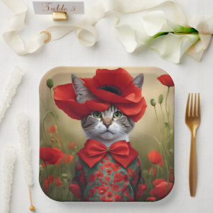 Cat with a dress made of a poppy paper plate