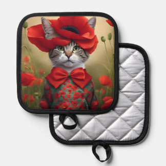 Cat with a dress made of a poppy pot holder