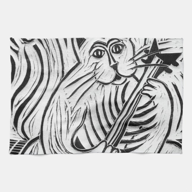 Cat with a Fish Guitar Tea Towel (Horizontal)