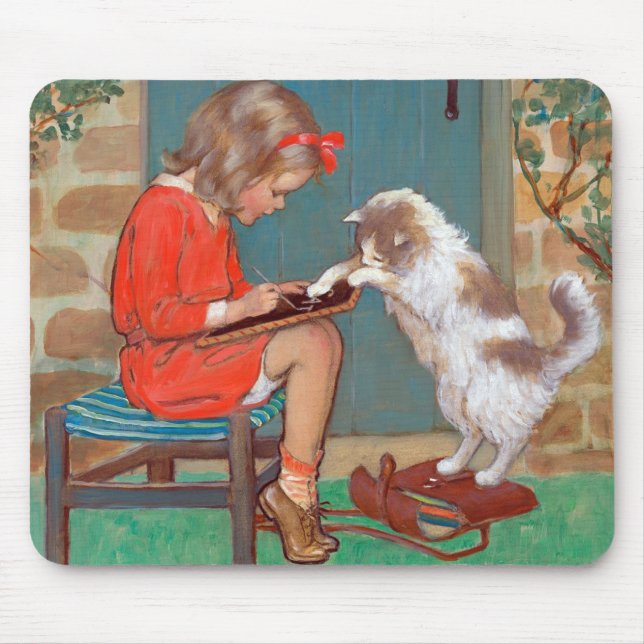 Cat with a Girl, Jessie Willcox Smith Mouse Pad (Front)