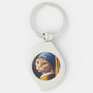 Cat with a Pearl Earring Funny Vermeer Parody Key Ring