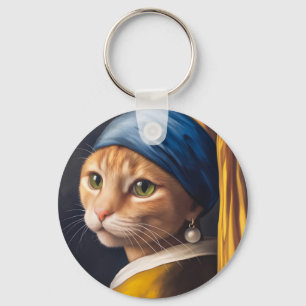 Cat with a Pearl Earring Funny Vermeer Parody Key Ring