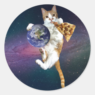 Cat with a planet and eating pizza classic round sticker