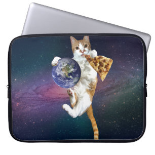 Cat with a planet and eating pizza laptop sleeve