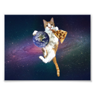 Cat with a planet and eating pizza photo print