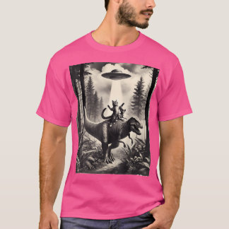 Cat With Alien Riding Dinosaur T-Rex. Cat And Ufo T-Shirt