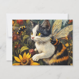 Cat with bees and flowers postcard