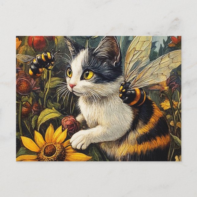 Cat with bees and flowers postcard (Front)