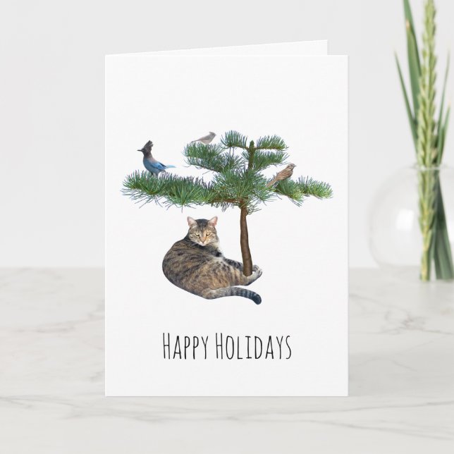 Cat with Birds in Tree Holiday Card (Front)